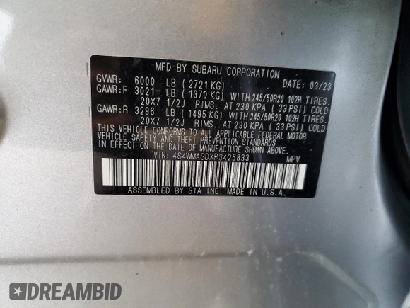 2023 Subaru Ascent Limited with VIN 4S4WMASDXP3425833, listed as a Copart auction lot 61244195 with 67,072 mi miles and Clean title. Bid and sale history available at DreamBid. Image 13.