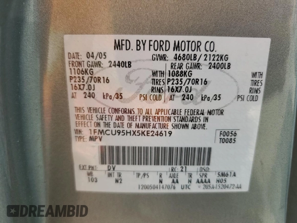 2005 Ford Escape Hybrid z VIN 1FMCU95HX5KE24619, wystawiony jako Copart lot #60624765 z przebiegiem 209 937 mil mil oraz Nie do naprawy • Non repairable. Historia ofert i sprzedaży dostępna na DreamBid. Obrazek 13.