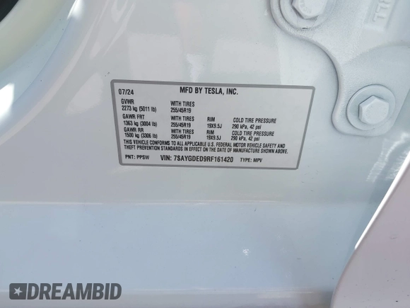2024 Tesla Model Y with VIN 7SAYGDED9RF161420, listed as a IAAI auction lot 41892788 with 12,353 mi miles and . Bid and sale history available at DreamBid. Image 9.