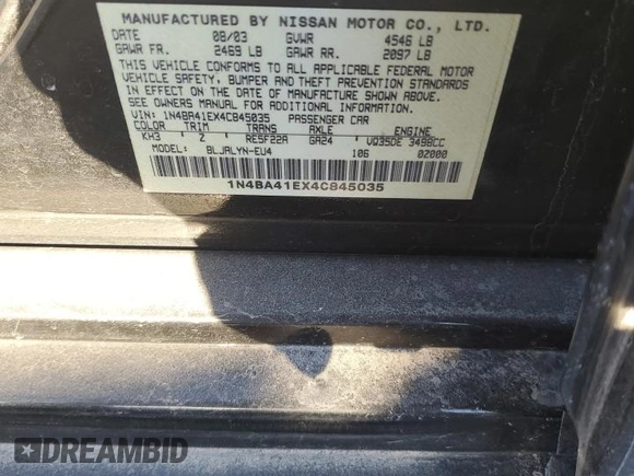 2004 Nissan Maxima SL with VIN 1N4BA41EX4C845035, listed as a Copart auction lot 49250565 with 162,787 mi miles and Salvage title. Bid and sale history available at DreamBid. Image 12.