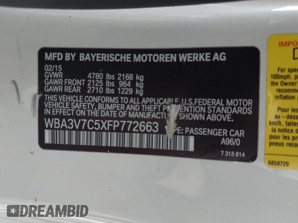 2015 BMW 4 Series 428i with VIN WBA3V7C5XFP772663, listed as a IAAI auction lot 42101012 with 75,901 mi miles and . Bid and sale history available at DreamBid. Image 9.