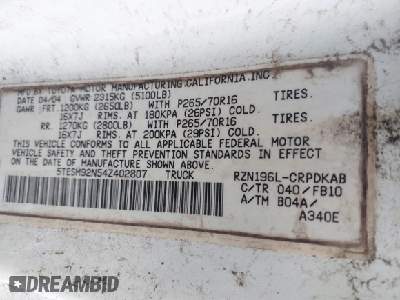 2004 Toyota Tacoma PreRunner with VIN 5TESM92N54Z402807, listed as a IAAI auction lot 42596875 with Not provided miles and . Bid and sale history available at DreamBid. Image 9.