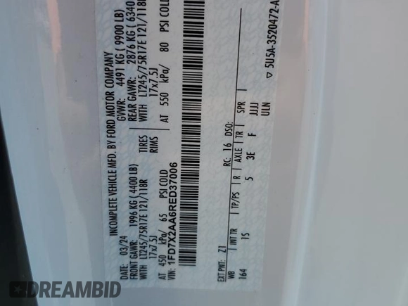 2024 Ford F-250 с VIN 1FD7X2AA6RED37006, выставлен на аукционе Copart как лот 53731515 с пробегом Не указан миль и Списание • Salvage title. История ставок и продаж доступна на DreamBid. Изображение 12.