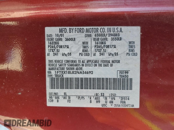 2002 Ford F-150 XL with VIN 1FTRX18L82NA54692, listed as a Copart auction lot 62559605 with 216,350 mi miles and Salvage title. Bid and sale history available at DreamBid. Image 12.