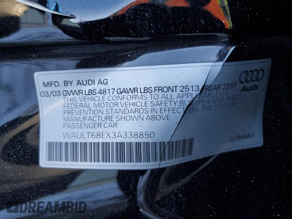 2003 Audi A4 3.0L with VIN WAULT68EX3A338850, listed as a Copart auction lot 42708585 with 54,420 mi miles and Salvage Title. Bid and sale history available at carsss.com. Image 14.