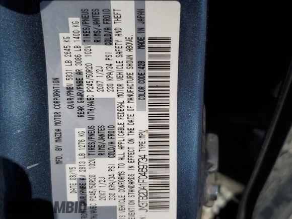 2015 Mazda CX-9 Grand Touring with VIN JM3TB2DA1F0469734, listed as a Copart auction lot 48728895 with 0 mi miles and Salvage Title. Bid and sale history available at carsss.com. Image 13.