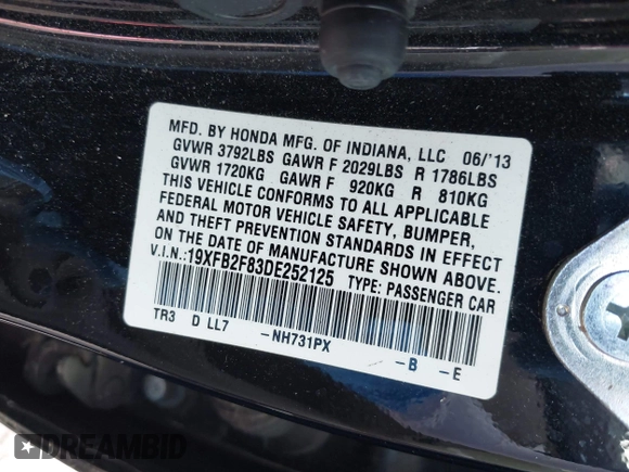 2013 Honda Civic EX with VIN 19XFB2F83DE252125, listed as a IAAI auction lot 41948687 with 150,979 mi miles and . Bid and sale history available at DreamBid. Image 9.