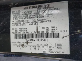 2008 Ford Fusion S with VIN 3FAHP06ZX8R175121, listed as a IAAI auction lot 41523713 with 1 mi miles. Bid and sale history available at carsss.com. Image 9.