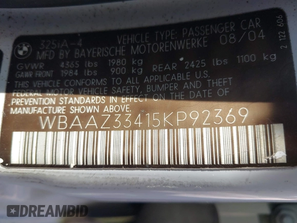 2005 BMW 3 Series 325i with VIN WBAAZ33415KP92369, listed as a IAAI auction lot 41828024 with 180,881 mi miles and . Bid and sale history available at DreamBid. Image 9.
