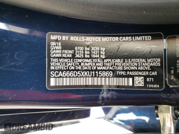 2019 Rolls-Royce Dawn z VIN SCA666D5XKU115869, wystawiony jako Copart lot #71414924 z przebiegiem 35 952 mil mil oraz Szkody całkowita. Historia ofert i sprzedaży dostępna na DreamBid. Obrazek 14.