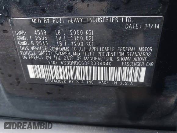2015 Subaru Legacy Premium with VIN 4S3BNBC68F3034040, listed as a IAAI auction lot 41547245 with 80,754 mi miles and . Bid and sale history available at DreamBid. Image 9.