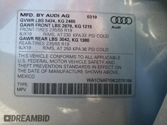 2019 Audi Q5 Prestige with VIN WA1CNAFY9K2075184, listed as a Copart auction lot 57129522 with 0 mi miles. Bid and sale history available at carsss.com. Image 10.