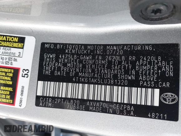2020 Toyota Camry XSE with VIN 4T1K61AK5LU381320, listed as a IAAI auction lot 42248955 with 86,534 mi miles and . Bid and sale history available at DreamBid. Image 9.