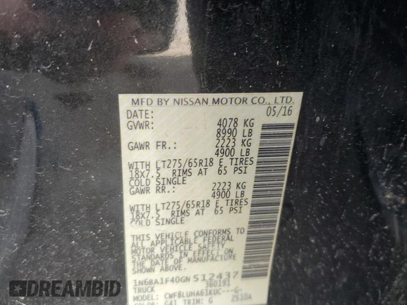 2016 Nissan Titan Platinum Reserve with VIN 1N6BA1F40GN512437, listed as a Copart auction lot 63521325 with 203,879 mi miles and Clean title. Bid and sale history available at DreamBid. Image 12.