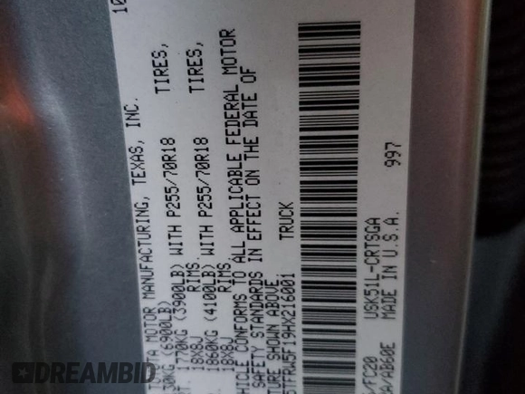 2017 Toyota Tundra SR5 z VIN 5TFRW5F19HX216001, wystawiony jako Copart lot #83469664 z przebiegiem 88 905 mil mil oraz Szkoda całkowita • Salvage title. Historia ofert i sprzedaży dostępna na DreamBid. Obrazek 12.
