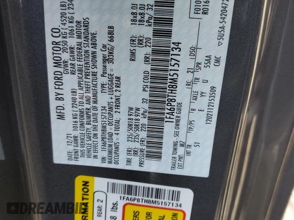 2021 Ford Mustang EcoBoost with VIN 1FA6P8TH8M5157134, listed as a Copart auction lot 41730723 with 15,873 mi miles and . Bid and sale history available at DreamBid. Image 12.