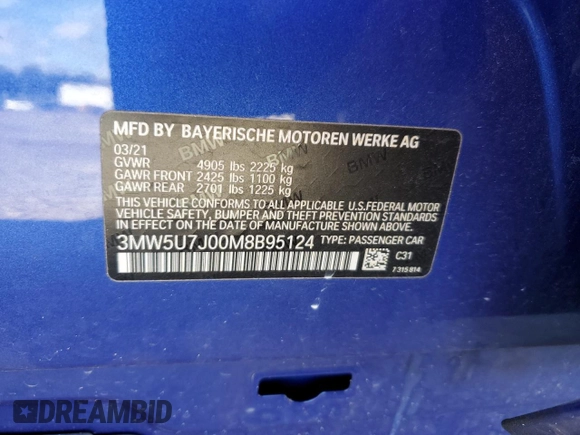 2021 BMW 3 Series M340i with VIN 3MW5U7J00M8B95124, listed as a Copart auction lot 64953032 with 9,483 mi miles and . Bid and sale history available at DreamBid. Image 10.