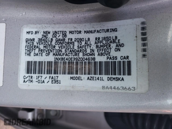 2009 Toyota Corolla XRS with VIN 1NXBE40E39Z004638, listed as a Copart auction lot 85931084 with 205,424 mi miles and Salvage Title. Bid and sale history available at carsss.com. Image 12.