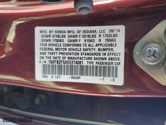 2014 Honda Civic Sedan LX with VIN 19XFB2F5XEE274081, listed as a Copart auction lot 47815625 with 0 mi miles and Salvage Title. Bid and sale history available at carsss.com. Image 15.