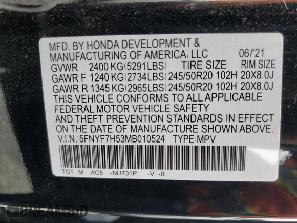 2021 Honda Passport EX-L with VIN 5FNYF7H53MB010524, listed as a Copart auction lot 50022685 with 18,882 mi miles and Salvage title. Bid and sale history available at DreamBid. Image 13.