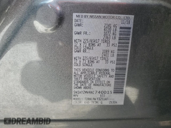 2019 Nissan Rogue S with VIN 5N1AT2MV4KC740015, listed as a Copart auction lot 53716465 with 79,938 mi miles and Salvage Title. Bid and sale history available at carsss.com. Image 14.