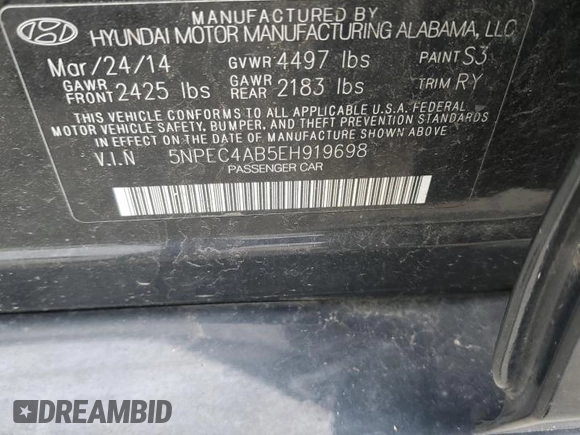 2014 Hyundai Sonata Limited with VIN 5NPEC4AB5EH919698, listed as a Copart auction lot 53686885 with 147,669 mi miles and Salvage Title. Bid and sale history available at DreamBid. Image 12.