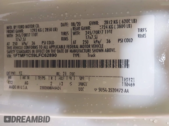 2020 Ford F-150 XL with VIN 1FTMF1C59LFC62890, listed as a IAAI auction lot 42430422 with 68,809 mi miles and . Bid and sale history available at DreamBid. Image 9.
