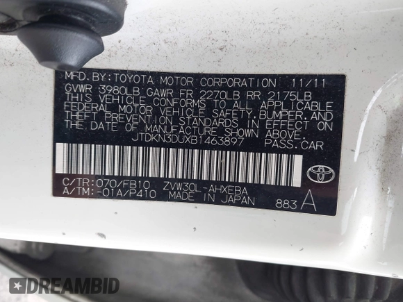2011 Toyota Prius I with VIN JTDKN3DUXB1463897, listed as a IAAI auction lot 41930431 with 350,478 mi miles. Bid and sale history available at carsss.com. Image 9.