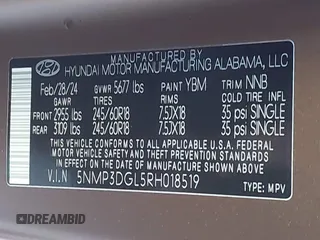 2024 Hyundai Santa Fe XRT z VIN 5NMP3DGL5RH018519, wystawiony jako IAAI lot #41565524 z przebiegiem 10 968 mil mil oraz . Historia ofert i sprzedaży dostępna na DreamBid. Obrazek 9.