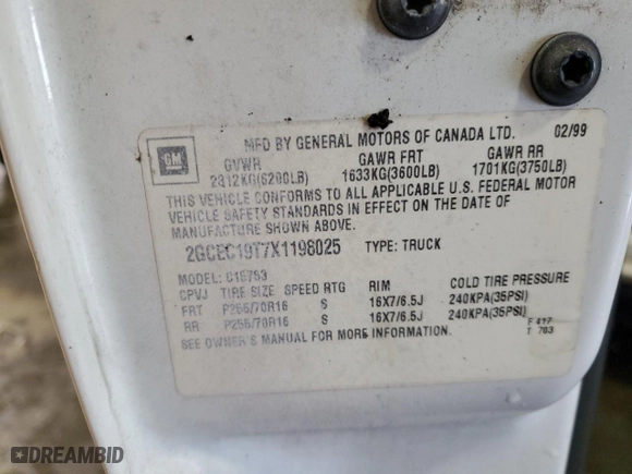 1999 Chevrolet Silverado 1500 LS with VIN 2GCEC19T7X1198025, listed as a Copart auction lot 45314655 with 161,724 mi miles and Salvage Title. Bid and sale history available at carsss.com. Image 12.