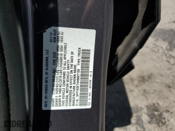 2017 Honda Ridgeline RTL-E with VIN 5FPYK3F74HB027130, listed as a Copart auction lot 60146905 with 99,964 mi miles and Salvage title. Bid and sale history available at DreamBid. Image 12.