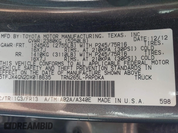 2013 Toyota Tacoma PreRunner with VIN 5TFJX4GN2DX018635, listed as a IAAI auction lot 41223225 with 275,094 mi miles and . Bid and sale history available at DreamBid. Image 9.