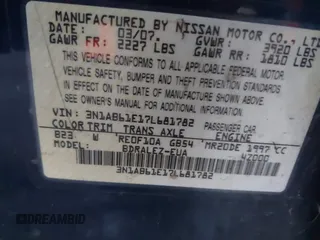 2007 Nissan Sentra 2.0 with VIN 3N1AB61E17L681782, listed as a IAAI auction lot 41247548 with 206,220 mi miles and . Bid and sale history available at DreamBid. Image 9.