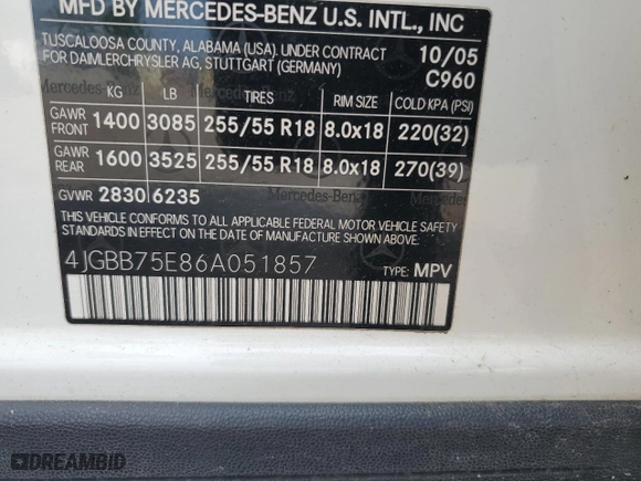2006 Mercedes-Benz M-Class 5.0L with VIN 4JGBB75E86A051857, listed as a Copart auction lot 55344474 with 0 mi miles and Clean Title. Bid and sale history available at carsss.com. Image 13.