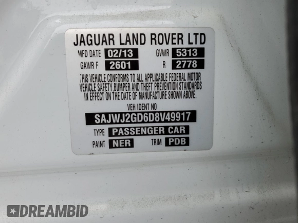 2013 Jaguar XJ Portfolio with VIN SAJWJ2GD6D8V49917, listed as a Copart auction lot 59896475 with Not provided miles and Salvage title. Bid and sale history available at DreamBid. Image 13.