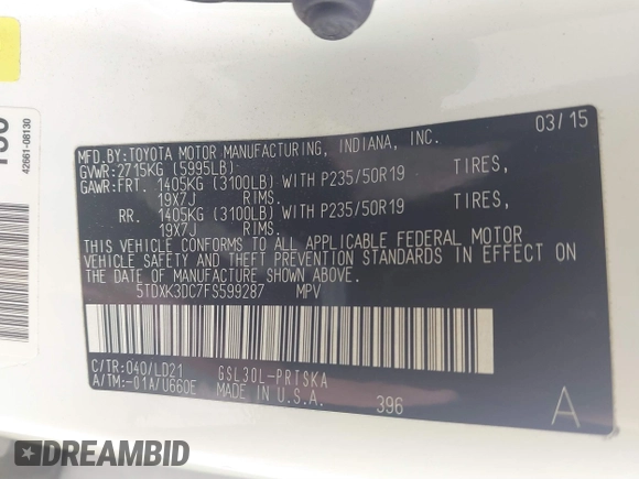 2015 Toyota Sienna SE с VIN 5TDXK3DC7FS599287, выставлен на аукционе IAAI как лот 41565671 с пробегом 111 626 миль миль и . История ставок и продаж доступна на DreamBid. Изображение 9.