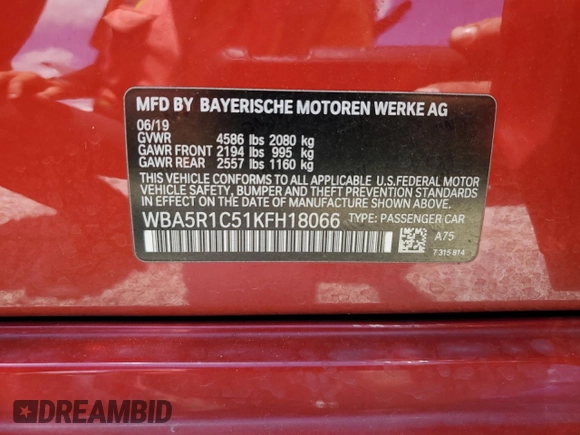 2019 BMW 3 Series 330i with VIN WBA5R1C51KFH18066, listed as a Copart auction lot 60600665 with 142,789 mi miles and Salvage title. Bid and sale history available at DreamBid. Image 13.