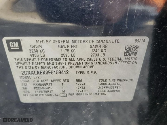 2015 Chevrolet Equinox LS with VIN 2GNALAEK0F6159412, listed as a Copart auction lot 52561125 with 105,835 mi miles and Salvage Title. Bid and sale history available at carsss.com. Image 13.