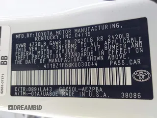 2019 Toyota Avalon XLE with VIN 4T1BZ1FB8KU030044, listed as a IAAI auction lot 41436242 with 56,261 mi miles and . Bid and sale history available at carsss.com. Image 9.
