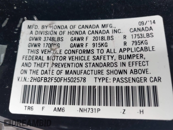 2015 Honda Civic LX with VIN 2HGFB2F50FH502578, listed as a IAAI auction lot 41417830 with 183,137 mi miles and . Bid and sale history available at DreamBid. Image 9.
