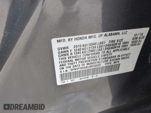 2020 Honda Pilot EX-L z VIN 5FNYF5H5XLB016632, wystawiony jako IAAI lot #41968994 z przebiegiem 75 540 mil mil oraz . Historia ofert i sprzedaży dostępna na DreamBid. Obrazek 9.
