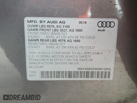 2019 Audi e-tron Prestige with VIN WA1VABGE6KB013000, listed as a Copart auction lot 46866995 with 54,469 mi miles and Salvage Title. Bid and sale history available at carsss.com. Image 15.