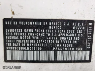 2020 Volkswagen Jetta S with VIN 3VWCB7BU0LM019100, listed as a Copart auction lot 50501225 with 62,635 mi miles and Salvage Title. Bid and sale history available at carsss.com. Image 12.