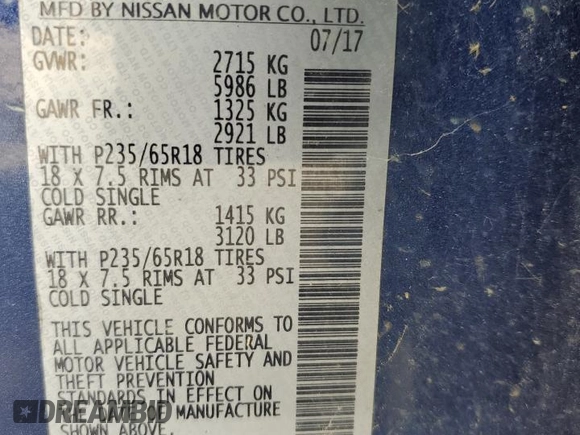 2017 Nissan Pathfinder SL with VIN 5N1DR2MM1HC906406, listed as a Copart auction lot 60433595 with Not provided miles and Clean title. Bid and sale history available at DreamBid. Image 13.