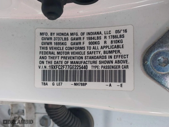 2016 Honda Civic Sedan EX with VIN 19XFC2F77GE225440, listed as a IAAI auction lot 41425115 with 134,992 mi miles. Bid and sale history available at carsss.com. Image 9.