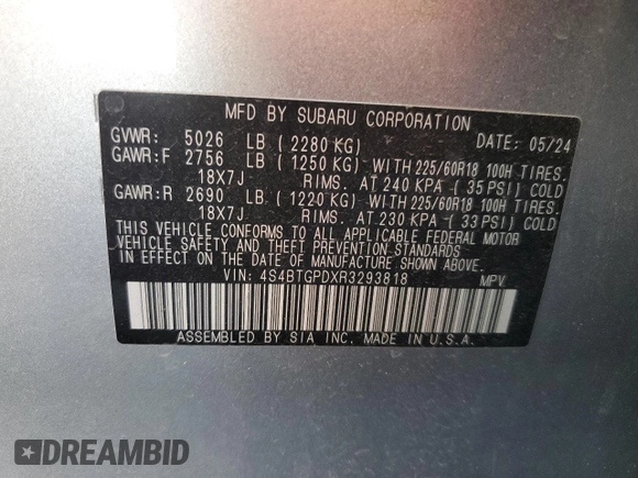 2024 Subaru Outback Touring XT with VIN 4S4BTGPDXR3293818, listed as a Copart auction lot 56720365 with 17,065 mi miles and Clean title. Bid and sale history available at DreamBid. Image 12.
