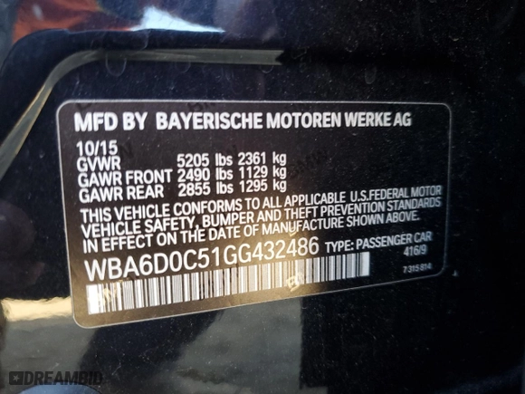 2016 BMW 6 Series 640i with VIN WBA6D0C51GG432486, listed as a Copart auction lot 88367695 with 90,606 mi miles and Salvage Title. Bid and sale history available at carsss.com. Image 15.