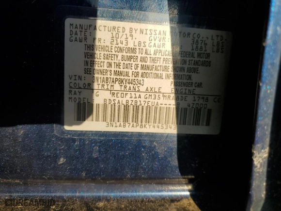 2019 Nissan Sentra S with VIN 3N1AB7AP8KY445343, listed as a Copart auction lot 46794215 with 63,273 mi miles and Salvage Title. Bid and sale history available at carsss.com. Image 12.