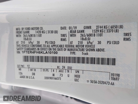 2019 Ford Ranger XL with VIN 1FTER4FH6KLA10100, listed as a IAAI auction lot 41867560 with 66,009 mi miles and . Bid and sale history available at DreamBid. Image 9.