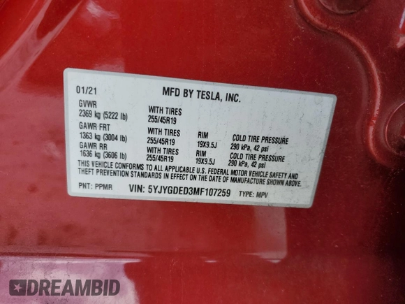 2021 Tesla Model Y Standard Range with VIN 5YJYGDED3MF107259, listed as a Copart auction lot 48566935 with 68,561 mi miles and Salvage Title. Bid and sale history available at carsss.com. Image 15.